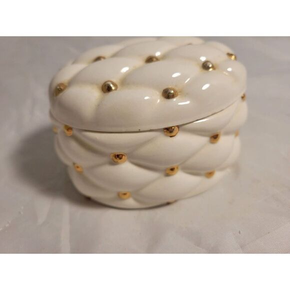 VTG HOLLAND MOLD HANDMADE WHITE DIAMOND & GOLD CUSHION STYLE TRINKET BOX & LID - Picture 4 of 10